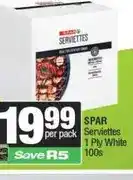 Spar SPAR serviettes 1 ply white 100s offer