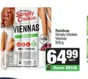 Spar Rainbow Simply Chicken Viennas 500 g offer