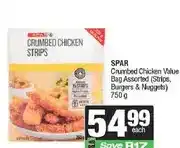 Spar SPAR Crumbed Chicken Value Bag Assorted (Strips, Burgers & Nuggets) 750 g offer