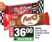 Spar Nestlé Aero, Bar One, Smarties, Kit Kat or Tex 40 g - Buy 3 for offer