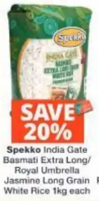 Checkers Spekko India Gate Basmati Extra Long/Royal Umbrella Jasmine Long Grain White Rice offer