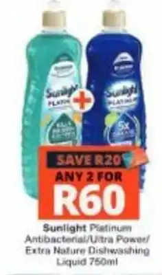 Checkers Sunlight Platinum Antibacterial/Ultra Power/Extra Nature Dishwashing Liquid offer