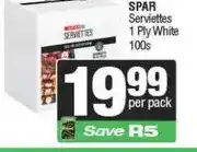 Spar SPAR Serviettes 1 Ply White 100s offer