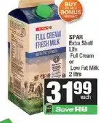 Spar SPAR Extra Shelf Life Full Cream or Low Fat Milk 2 litre offer