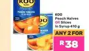 Game Koo Peach Halves OR Slices in Syrup 410 g (Any 2 for) offer