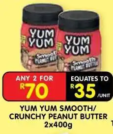 Shoprite YUM YUM SMOOTH/CRUNCHY PEANUT BUTTER 2x400g offer