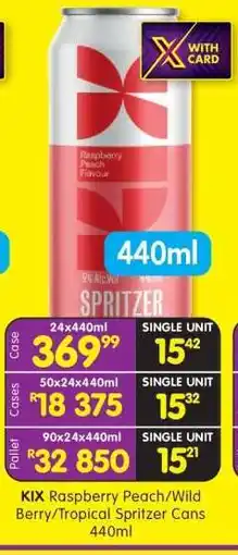 Shoprite KIX Raspberry Peach/Wild Berry/Tropical Spritzer Cans 440ml offer