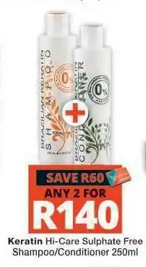 Checkers Keratin Hi-Care Sulphate Free Shampoo/Conditioner 250ml offer
