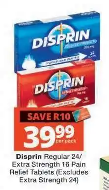 Checkers Disprin Regular 24/Extra Strength 16 Pain Relief Tablets offer