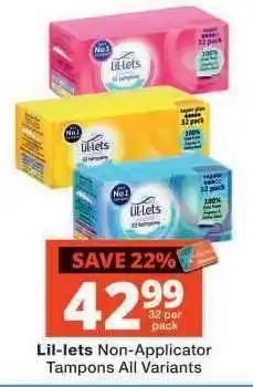 Checkers Lil-lets Non-Applicator Tampons All Variants offer