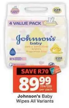 Checkers JOHNSON'S Baby Wipes (All variants) offer