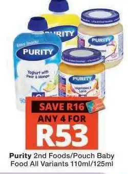 Checkers Purity 2nd Foods/Pouch Baby Food offer