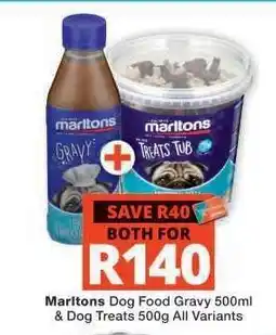 Checkers Marltons Dog Food Gravy 500ml & Dog Treats 500g offer