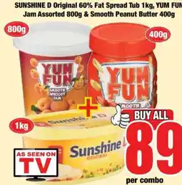 Boxer SUNSHINE D Original 60% Fat Spread Tub 1kg, YUM FUN Jam Assorted 800g & Smooth Peanut Butter 400g offer
