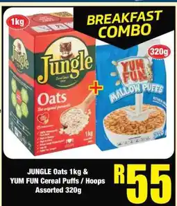 Boxer JUNGLE Oats 1kg & YUM FUN Cereal Puffs / Hoops Assorted 320g offer