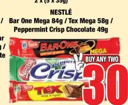 Boxer NESTLÉ Bar One Mega 84g / Tex Mega 58g / Peppermint Crisp Chocolate 49g offer