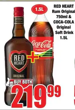 Boxer RED HEART Rum Original 750ml & COCA-COLA Original Soft Drink 1.5L offer