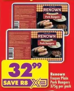 Shoprite Renown Frozen Plain Pork Bangers 375g per pack offer