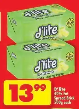 Shoprite D'lite 40% Fat Spread Brick 500g each offer