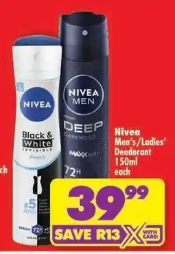 Shoprite Nivea Men's/Ladies' Deodorant 150ml offer