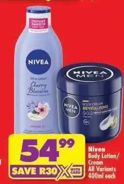 Shoprite NIVEA BODY LOTION/CREAM offer