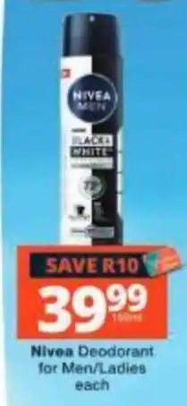 Checkers Nivea Deodorant for Men/Ladies offer