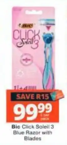 Checkers Bic Click Soleil 3 Blue Razor with Blades offer