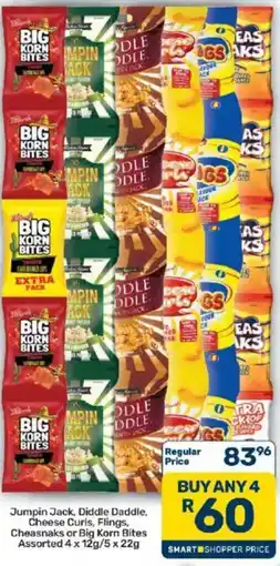 Pick n Pay Jumpin Jack, Diddle Daddle, Cheese Curls, Flings, Cheasnaks or Big Korn Bites Assorted offer