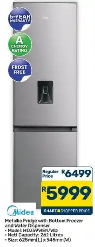 Pick n Pay Midea Metallic Fridge with Bottom Freezer and Water Dispenser offer