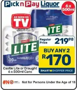Pick n Pay Castle Lite or Draught offer