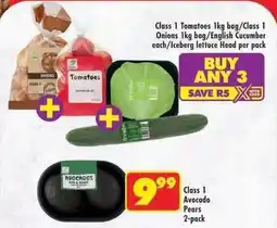 Shoprite Class 1 tomatoes 1kg bag/class 1 onions 1kg bag/english cucumber each/iceberg lettuce head per pack offer