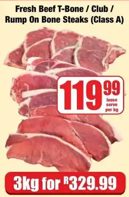Boxer Superstores Fresh Beef T-Bone / Club / Rump On Bone Steaks (Class A) offer