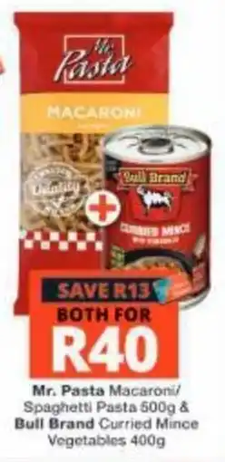Checkers Mr. Pasta Macaroni/Spaghetti Pasta & Bull Brand Curried Mince offer