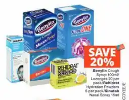 Checkers Benylin Cough Syrup/Lozenges/Rehidrat Hydration Powders/Sinutab Nasal Spray offer