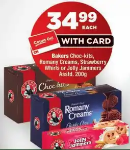 OK Foods Bakers Choc-kits, Romany Creams, Strawberry Whirls or Jolly Jammers offer