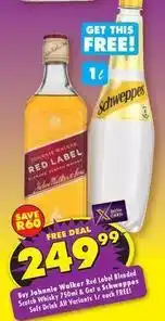 Shoprite Liquor Schweppes - johnnie walker red label blended scotch whisky 750ml & soft drink all variants 1l offer