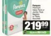 SuperSpar Pampers - premium value pack or jumbo pack nappies or pants offer