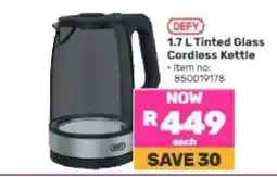 Game DEFY 1.7 L Tinted Glass Cordless Kettle offer