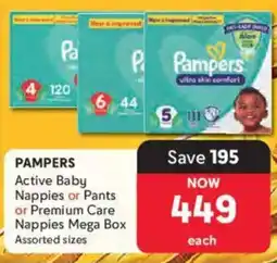 Makro Pampers Active Baby Nappies or Pants or Premium Care Nappies Mega Box Assorted offer