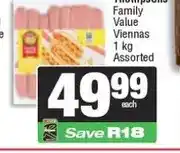 Spar Thompsons Family Value Viennas 1 kg Assorted offer