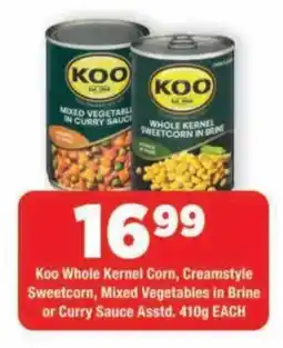 OK Grocer Koo Whole Kernel Corn, Creamstyle Sweetcorn, Mixed Vegetables in Brine or Curry Sauce offer