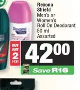 Spar Rexona Shield Men's or Women's Roll On Deodorant 50 ml Assorted offer