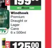 Spar Windhoek Premium Draught or Lager Cans 6 x 500ml offer