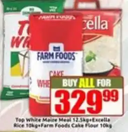 Three Star Cash and Carry Top White Maize Meal + Excella Rice + Farm Foods Cake Flour offer
