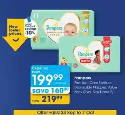 Clicks Pampers Premium Care Pants or Disposable Nappies Value Pack offer