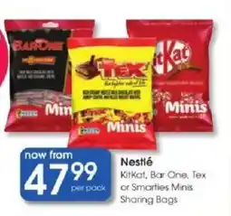 Clicks Nestlé KitKat, Bar.One, Tex or Smarties Minis Sharing Bags offer