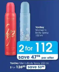 Clicks Yardley Women's Body Spray offer