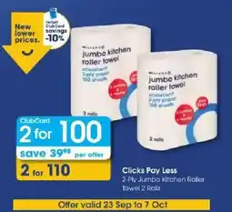 Clicks Clicks Pay Less 2-Ply Jumbo Kitchen Roller Towel 2 Rolls offer