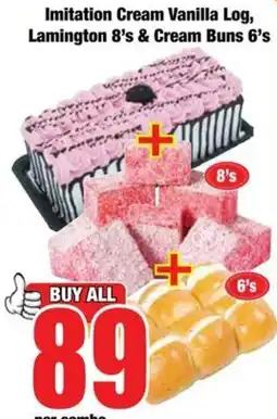 Boxer Imitation Cream Vanilla Log, Lamington 8's & Cream Buns 6's offer