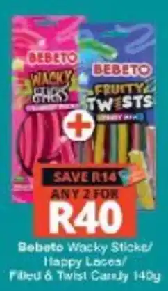 Checkers Bebeto Wacky Sticks/ Happy Laces/ Filled & Twist Candy offer